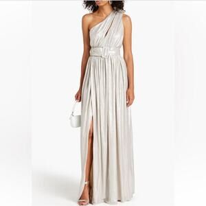 Retrofete Platinum Andrea One Shoulder Pleated Metallic Jersey Gown Small